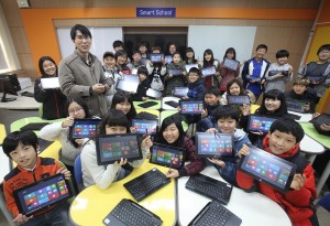 Korean classroom with tablets.